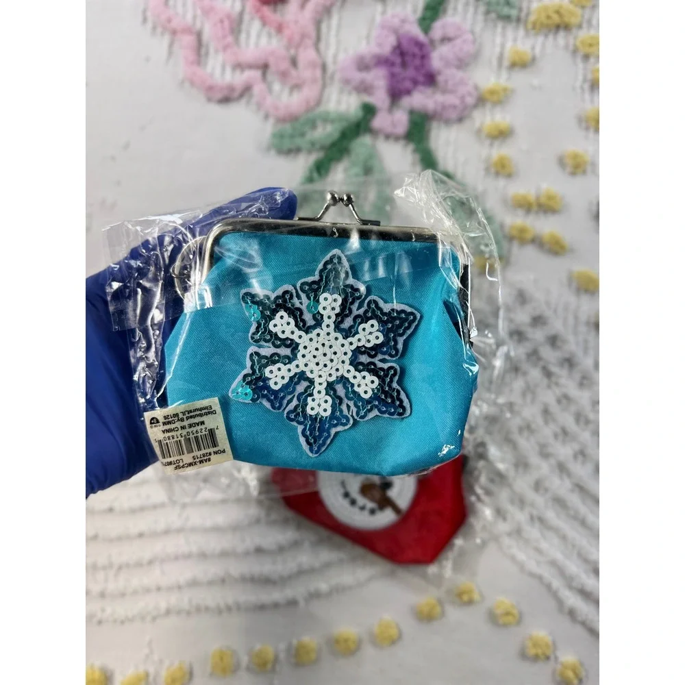 DMM Christmas Coin Purse Keychain Set Snowman Snowflake Sequin Kiss Lock 2 Pack